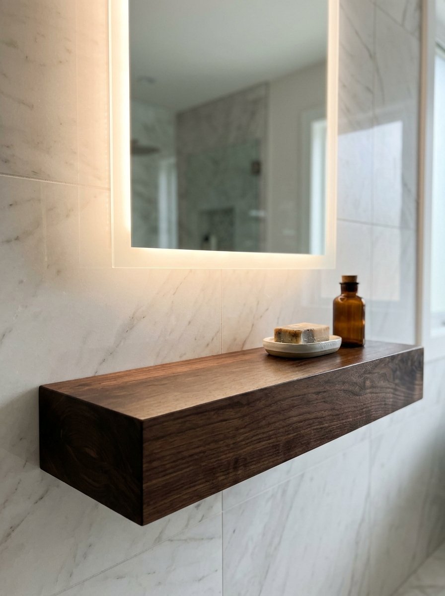 Close up of a solid wood bathroom ledge featuring an amber glass bottle and a bar of soap on a dish.