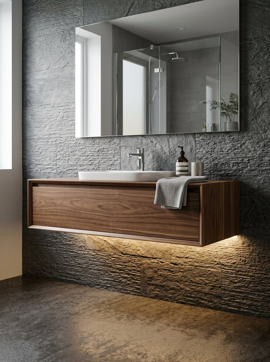 A sleek wooden cabinet wall-mounted in a minimalist bathroom with LED under-cabinet lighting and stone tiles.