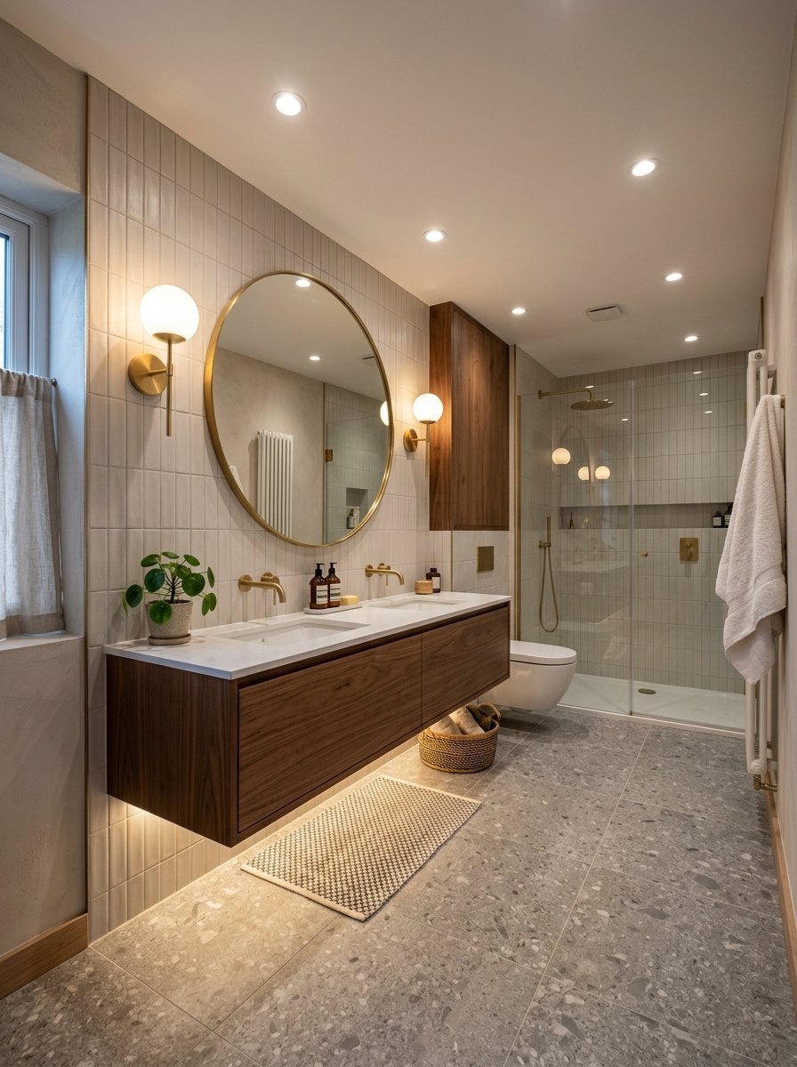 Contemporary bathroom features a double walnut vanity with brass faucets and a walk-in glass shower.