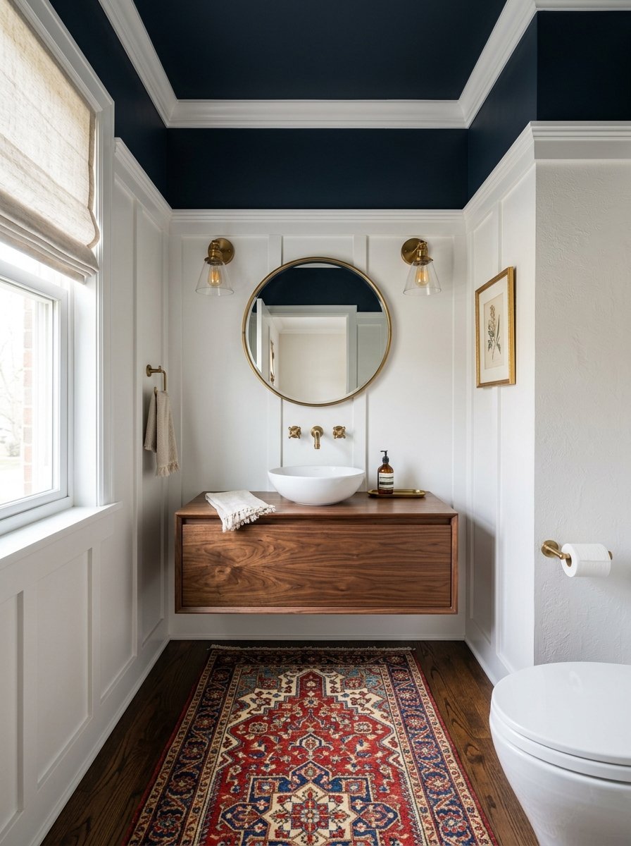 Modern bathroom featuring a floating wooden sink vanity, round gold mirror, and a red patterned area rug.