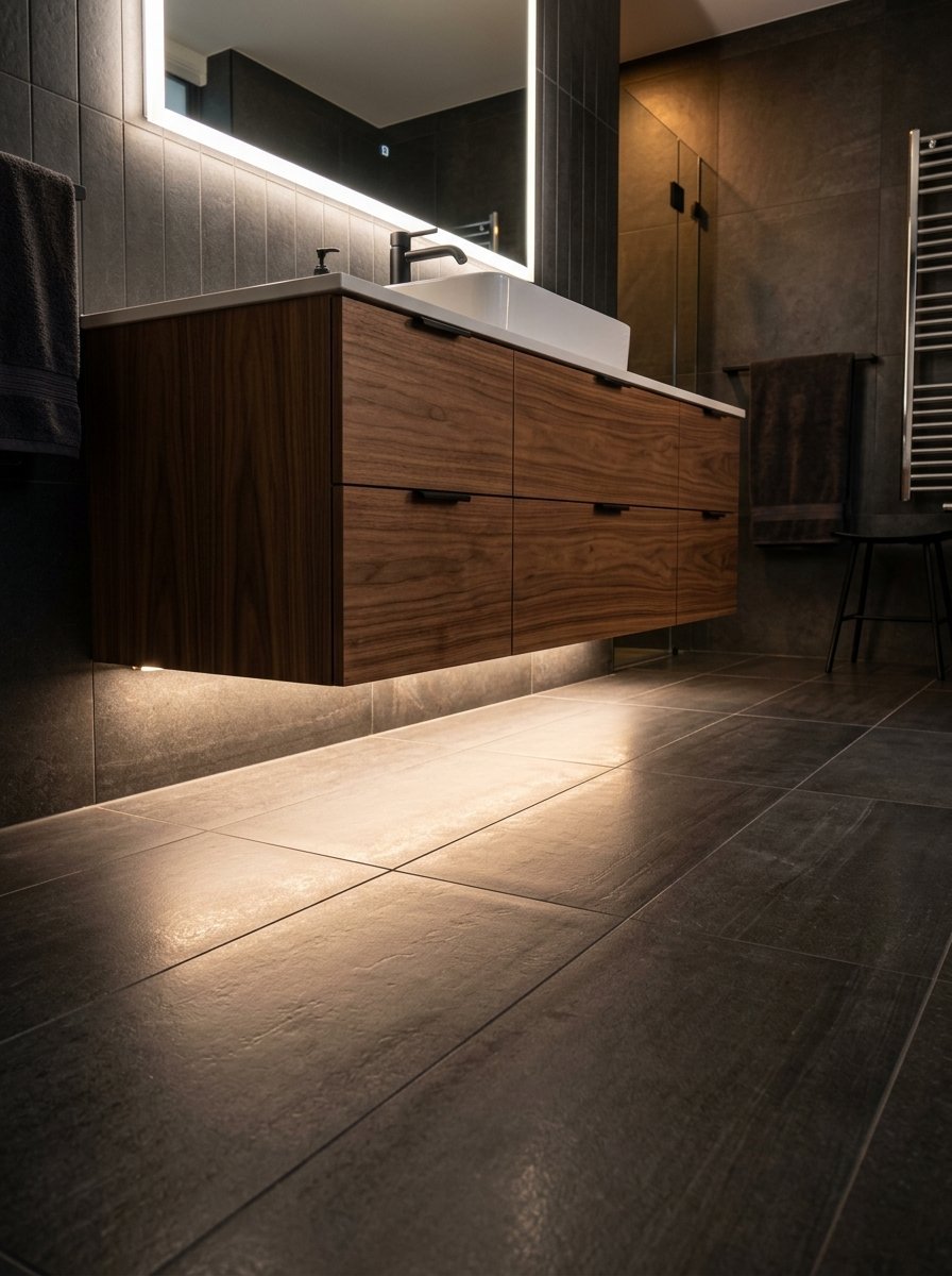 A wall-mounted wood vanity with dark tile flooring and illuminated mirror in a contemporary bathroom.