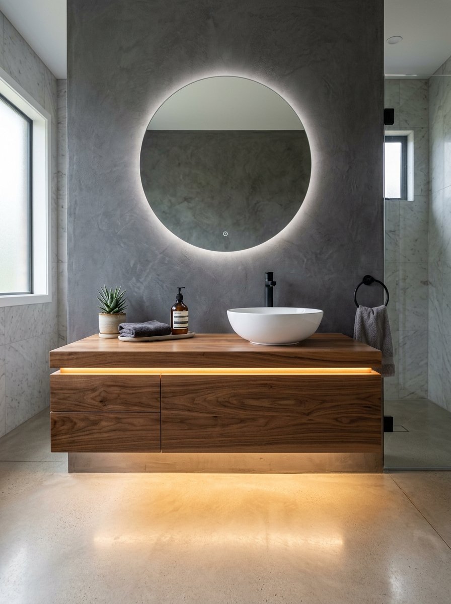 Round glowing mirror above a wooden floating vanity with white sink and succulent plant.