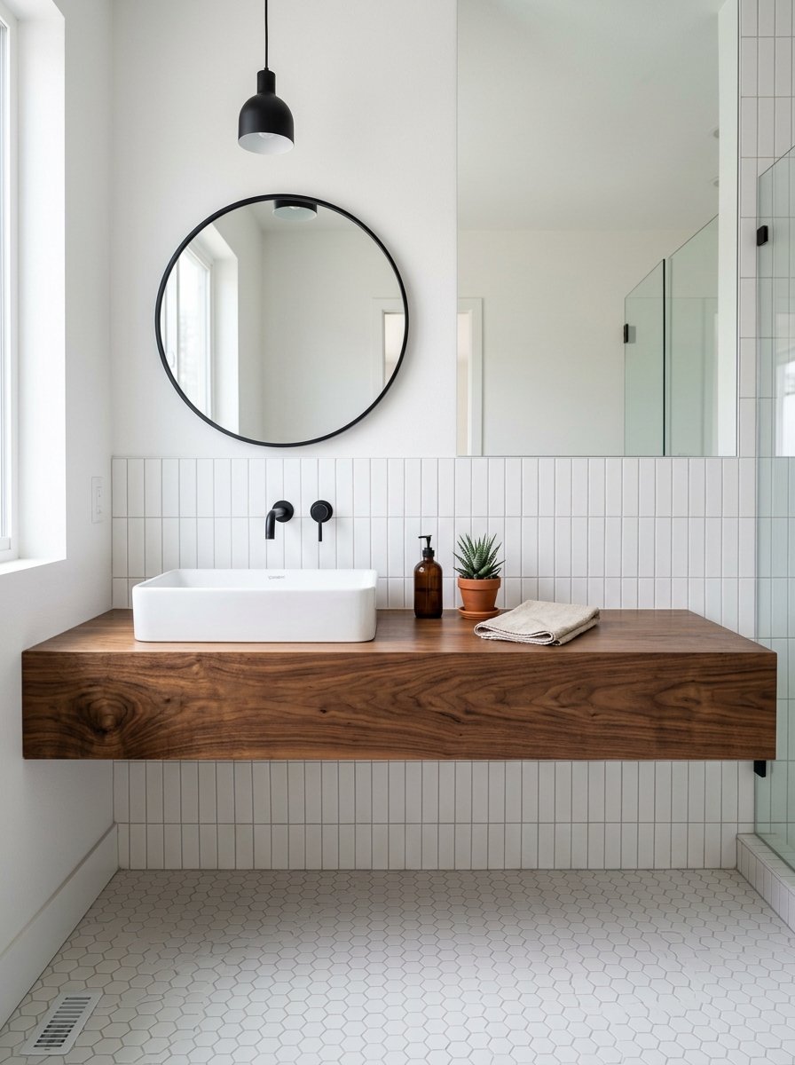 Modern bathroom featuring a floating walnut wood vanity, black round mirror, and white vertical subway tiles.