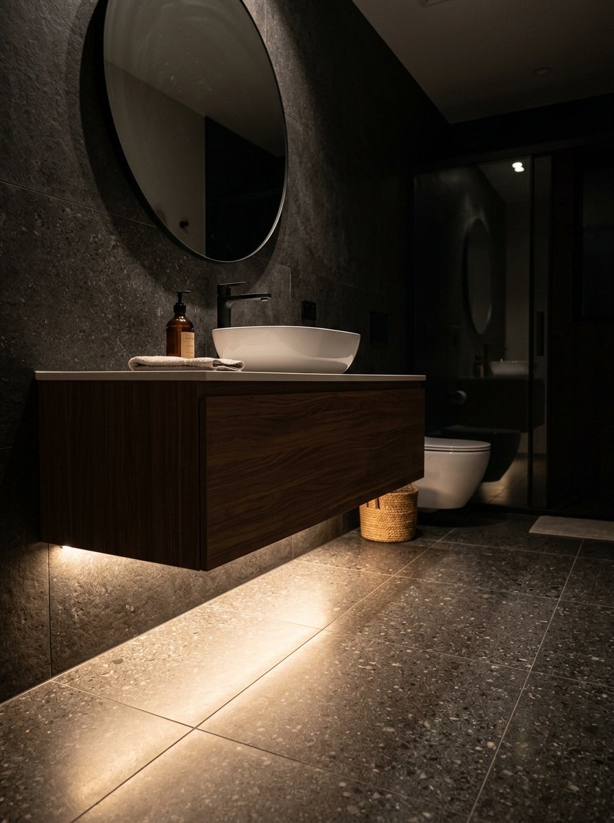 A sleek dark bathroom with a wall-mounted wooden vanity, round mirror, and glowing floor-level light strips.