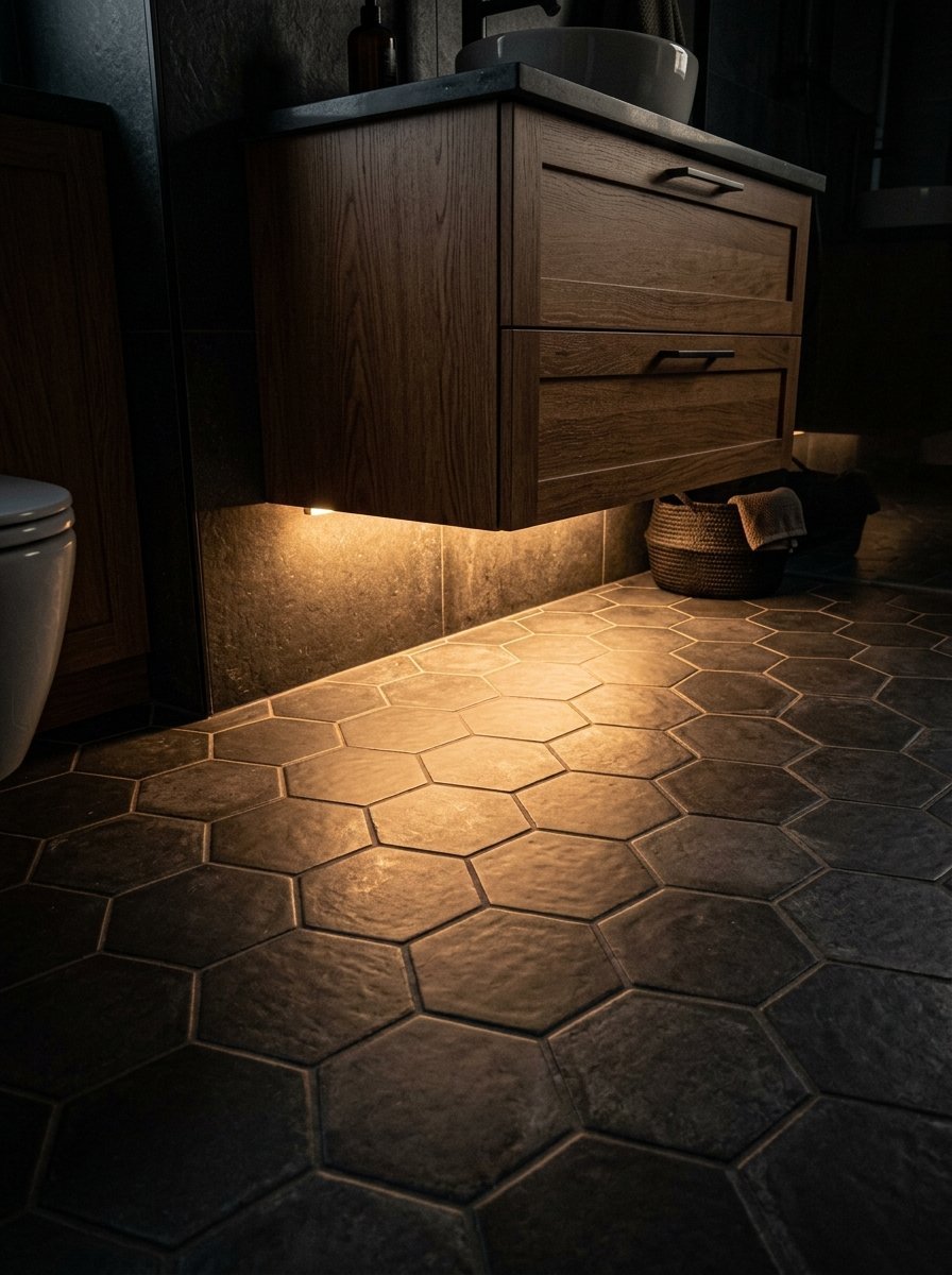 Modern bathroom featuring dark hexagonal floor tiles and a wall-mounted oak vanity with integrated LED lighting.