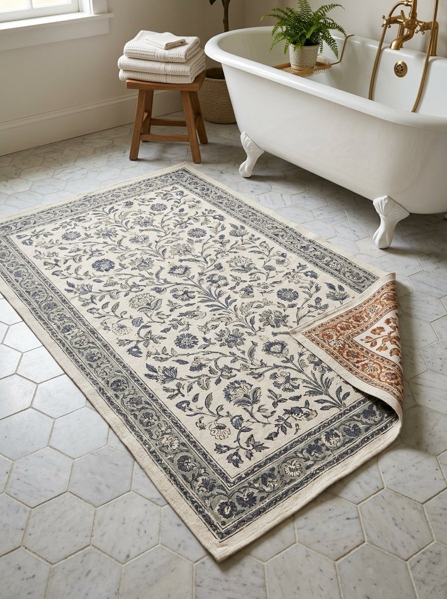 Decorative cream and blue patterned rug with a folded corner in a sunlit bathroom with a clawfoot tub.