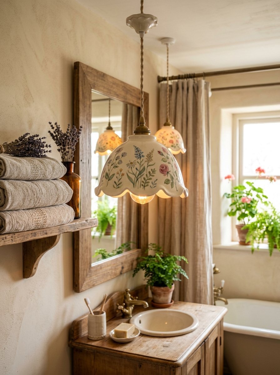 A rustic bathroom with a flowered ceramic light fixture, wooden mirror, and fresh lavender on stacked towels.