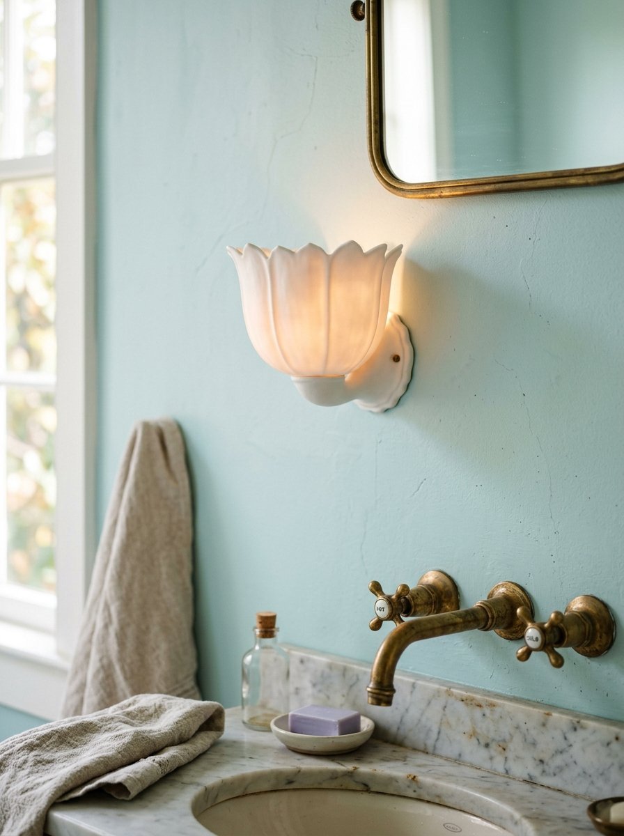 A white petal-shaped wall lamp illuminates a mint green bathroom wall above a vintage brass faucet and marble sink.