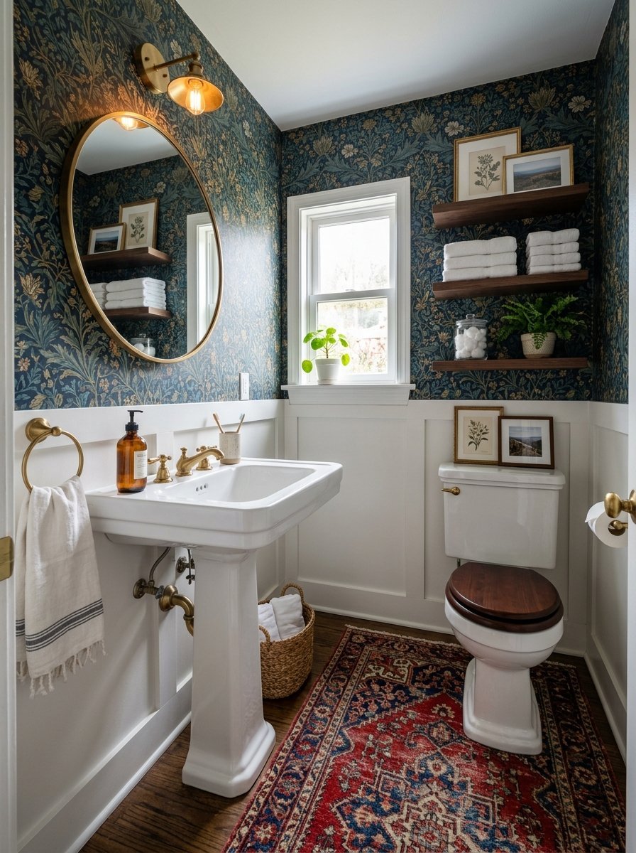 A powder room with dark blue floral wallpaper, a pedestal sink, and a red vintage-style rug.