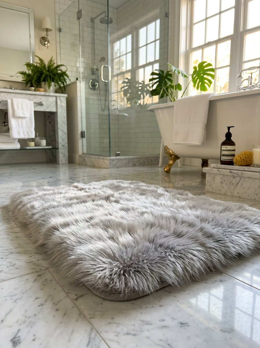 A plush light grey shaggy rug sitting on a polished white marble floor inside a bright, elegant bathroom.
