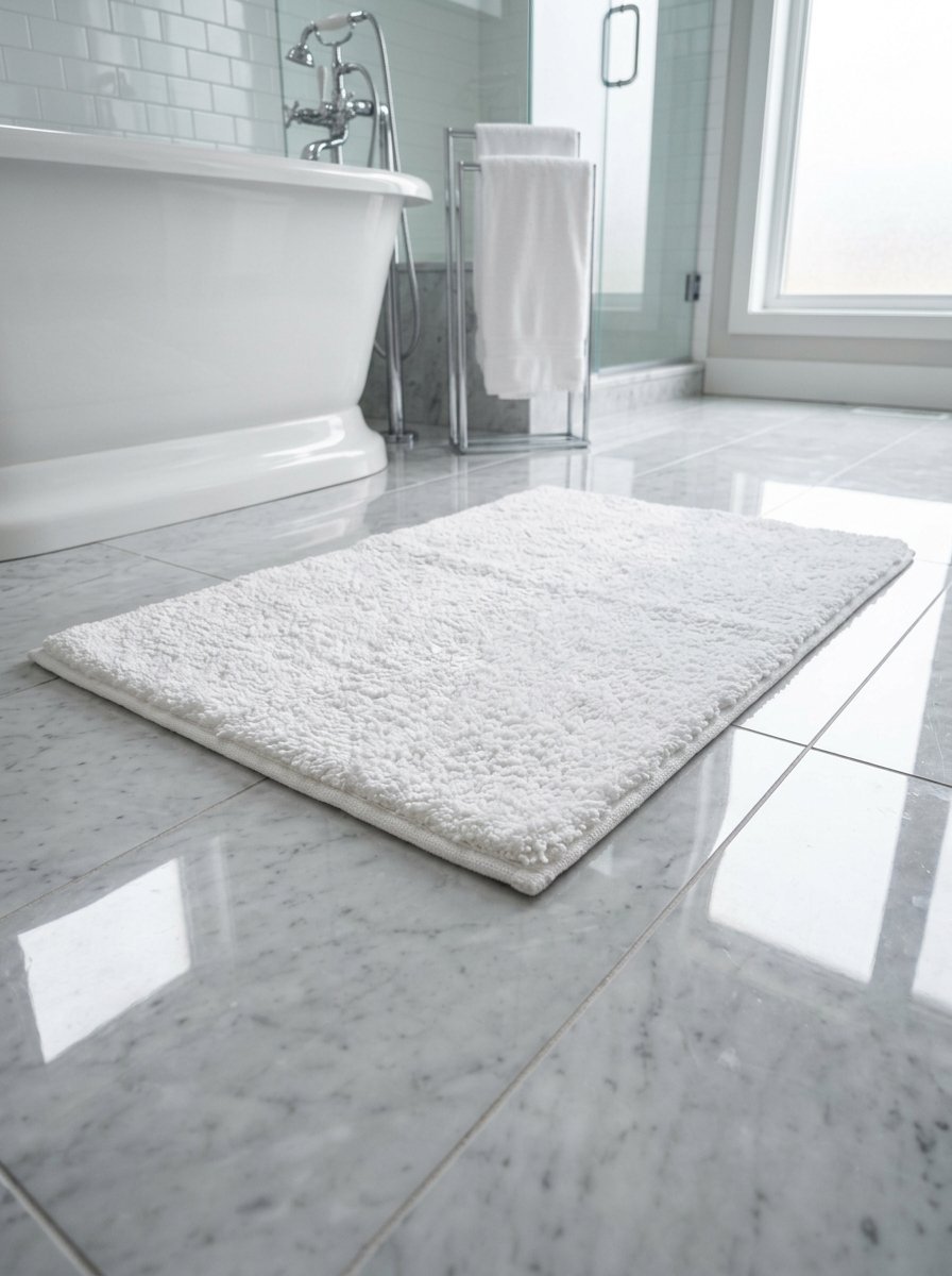 A soft, textured white bath mat lying on a shiny grey marble floor in a bright, modern bathroom.