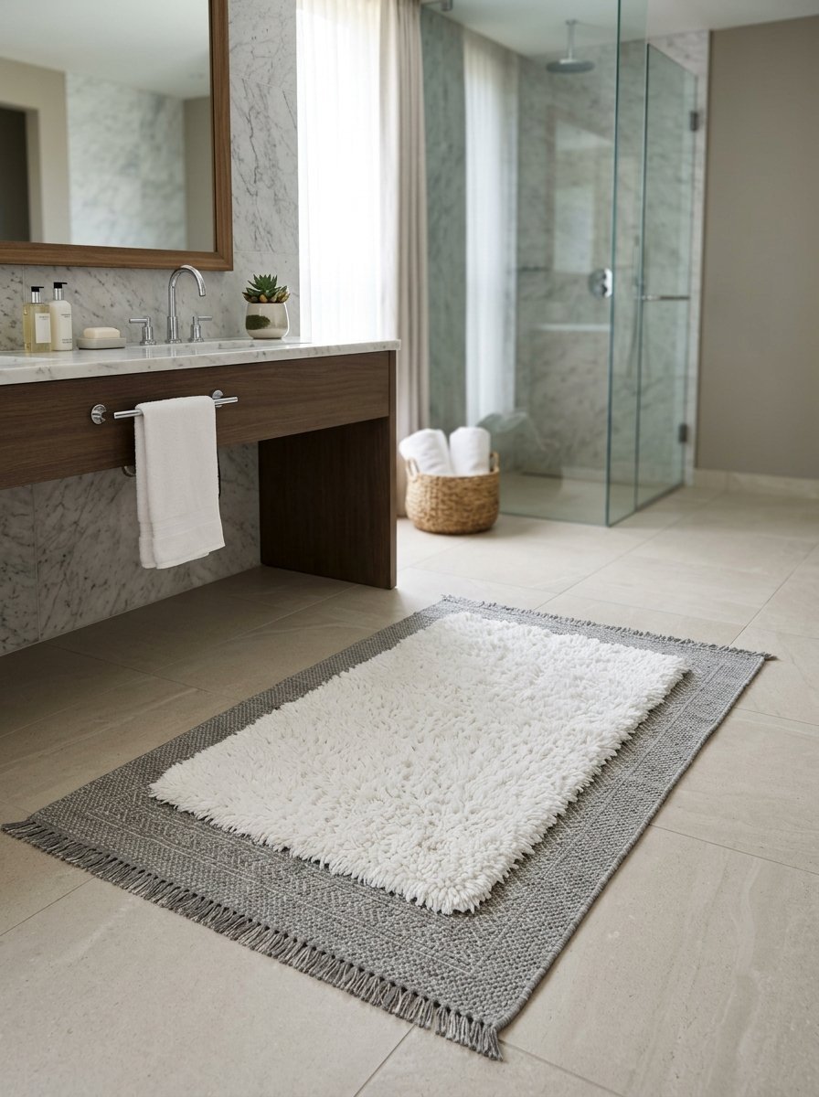 Rectangular layered bathroom mat with a fuzzy white center and grey fringed border on a tiled floor.