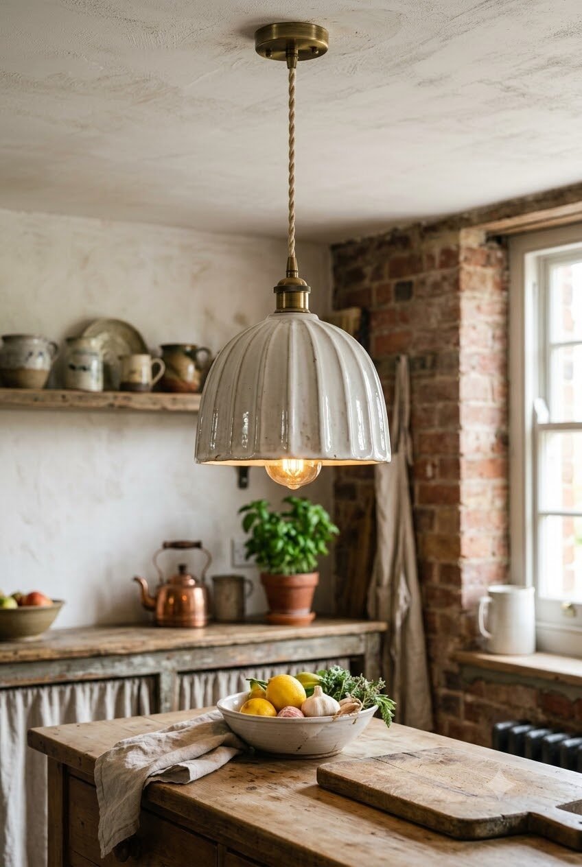A white ribbed ceramic dome pendant light fixture suspended in a rustic kitchen with brick walls.
