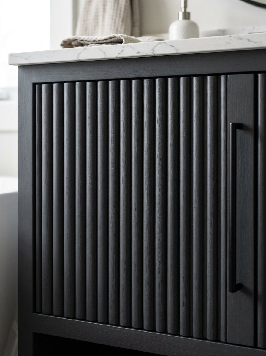 A black wooden bathroom vanity door featuring a vertical fluted texture and a slim minimalist handle.