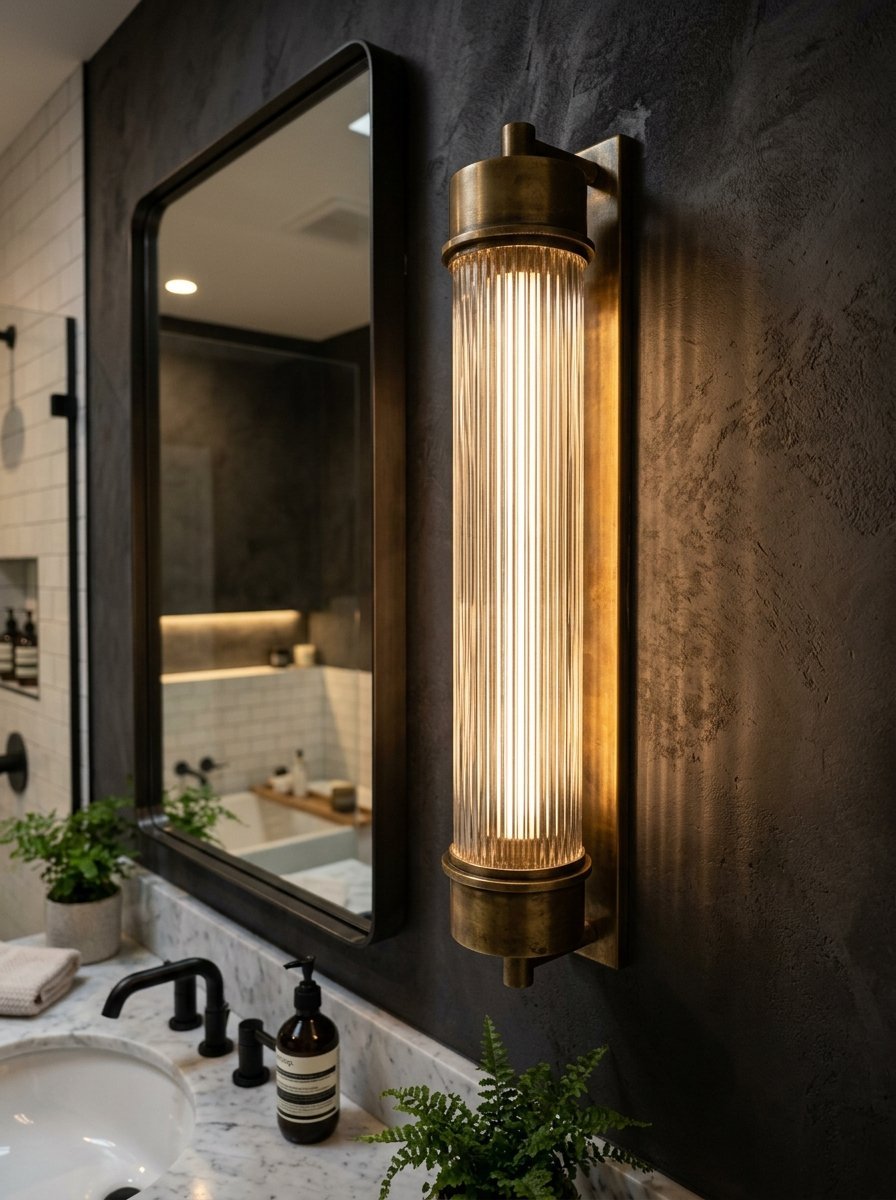 A warm vertical light fixture with ribbed glass on a dark wall next to a bathroom mirror.
