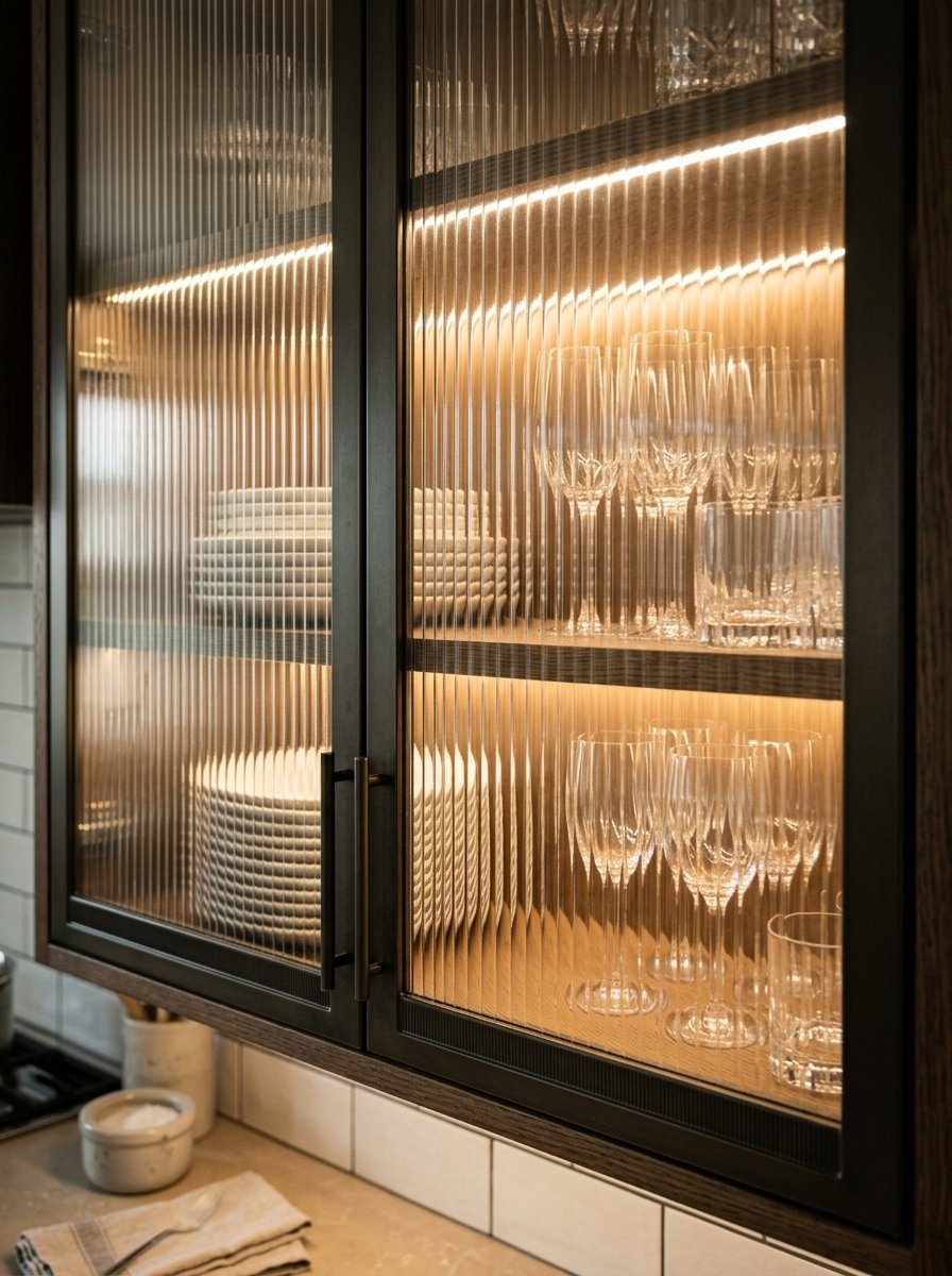 Modern dark cabinet with ribbed glass panels showcasing stacked plates and crystal stemware with interior LED lighting.