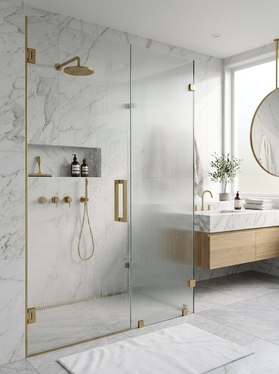Modern bathroom with a fluted glass shower door, gold hardware, and white marble wall tiles.