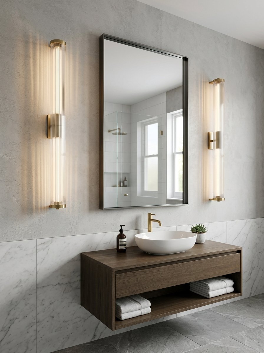 A bathroom vanity featuring a wooden floating cabinet, white sink, and two illuminated cylindrical glass wall lamps.