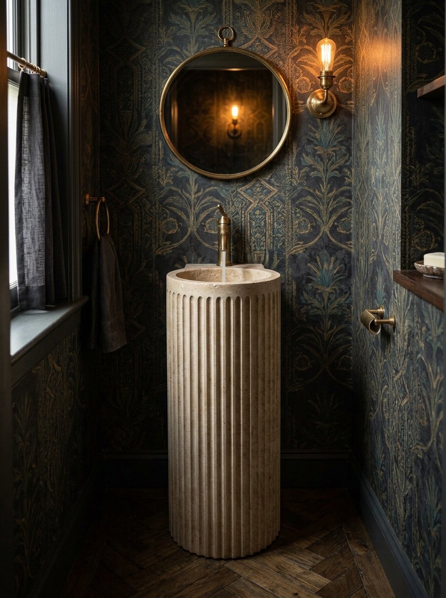 A cylindrical fluted stone sink stands against dark patterned wallpaper with brass accents.