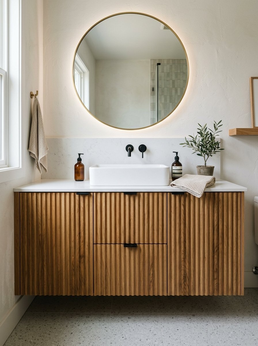 Modern wall-mounted bathroom cabinet featuring vertical wood slats, white countertop, and a round mirror.