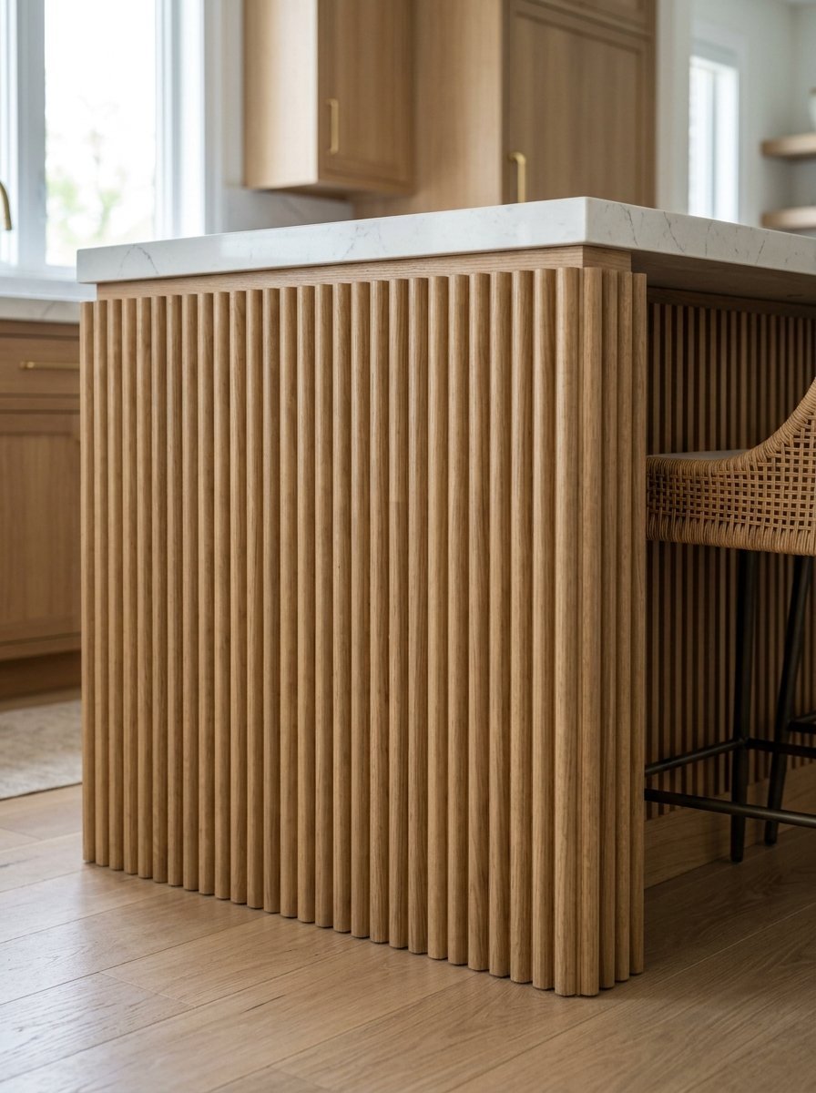 Close up of a kitchen island corner featuring textured light oak vertical slats and a white marble countertop edge.