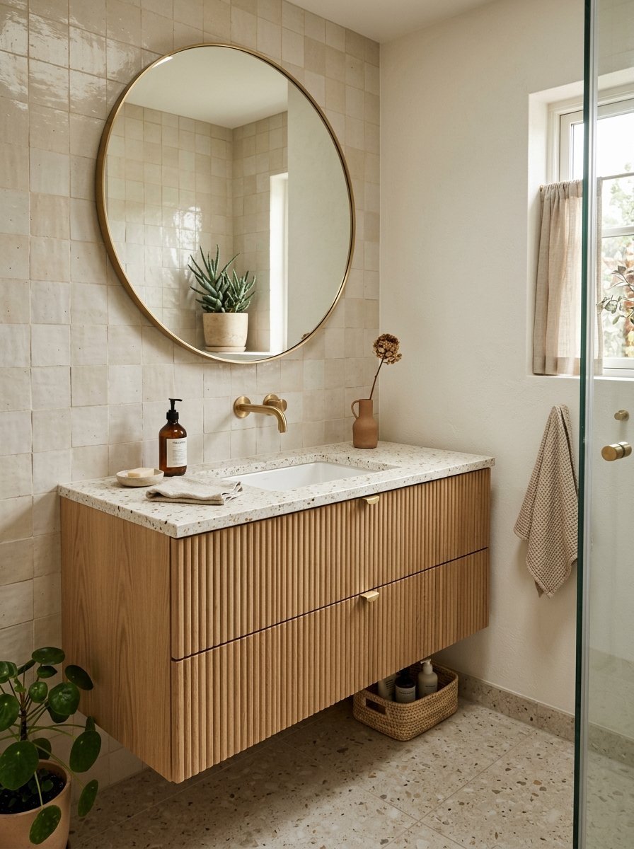 A modern floating bathroom vanity with vertical wood slats, round brass mirror, and light-toned terrazzo stone surfaces.