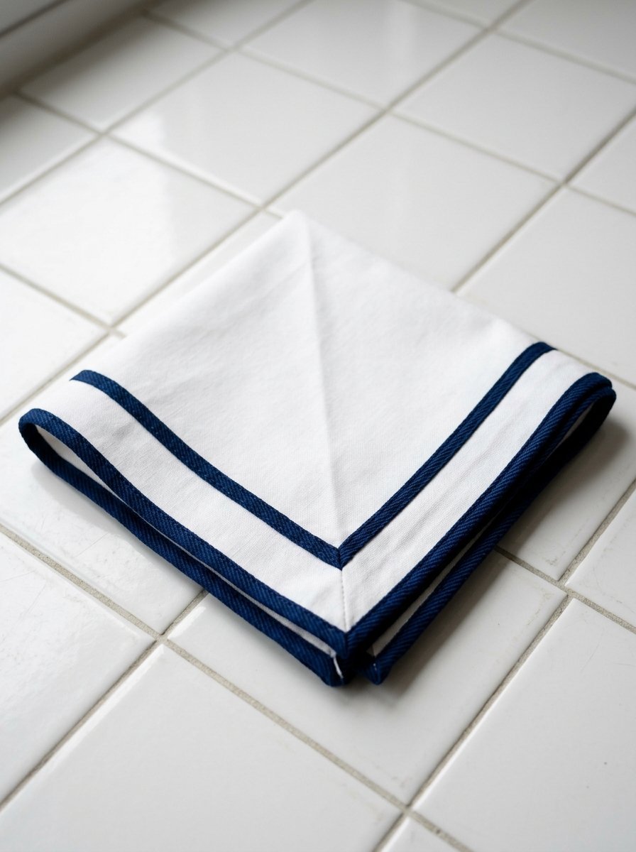 A square white cloth napkin with navy blue piping sitting on a white tiled surface.