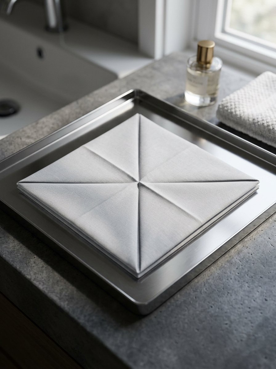 A square grey napkin folded into a geometric pattern placed on a brushed stainless steel tray on a stone counter.