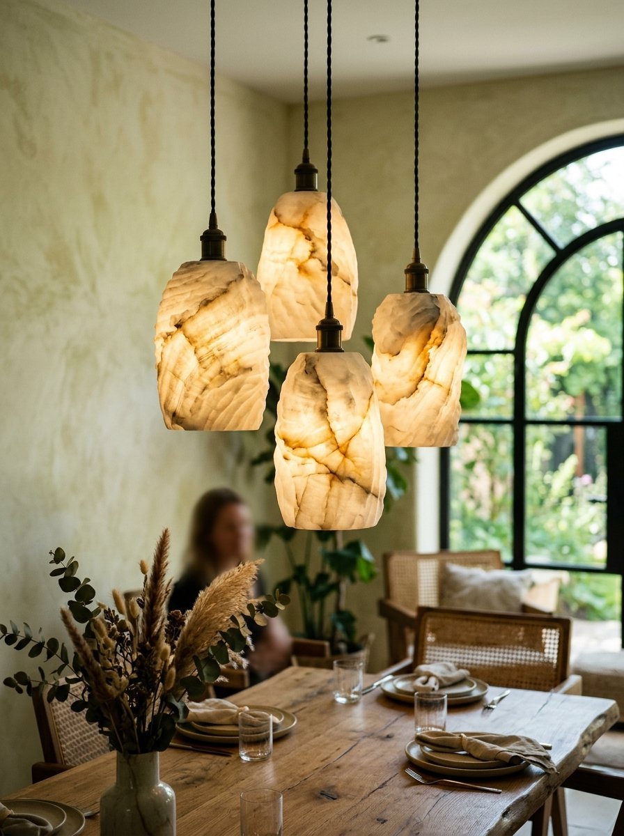 Four textured stone pendant lights hang above a wooden dining table with place settings and a dried floral centerpiece.