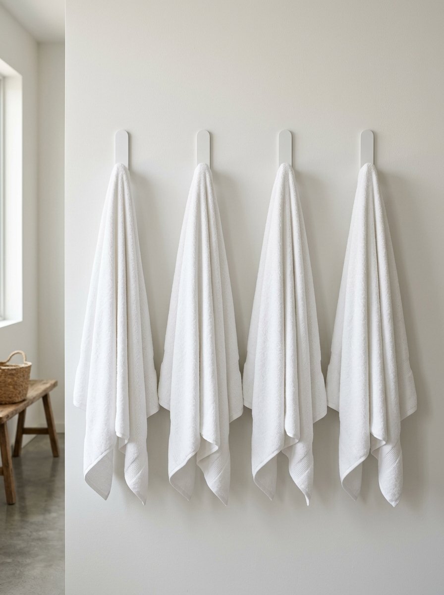 Four folded white bath towels suspended from matching vertical wall hooks in a neutral bathroom.