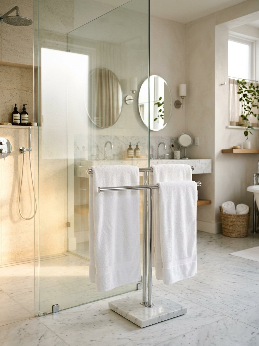 White bath towels hanging on a chrome metal stand with a marble base in a contemporary bathroom setting.