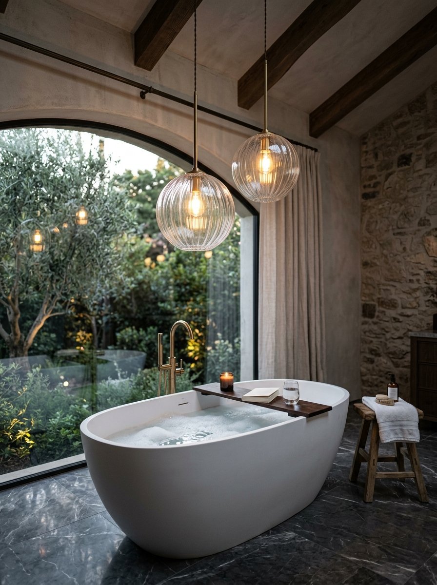 A white oval bathtub with bubbles under glass pendant lights and a wooden tray with a book next to a large window.