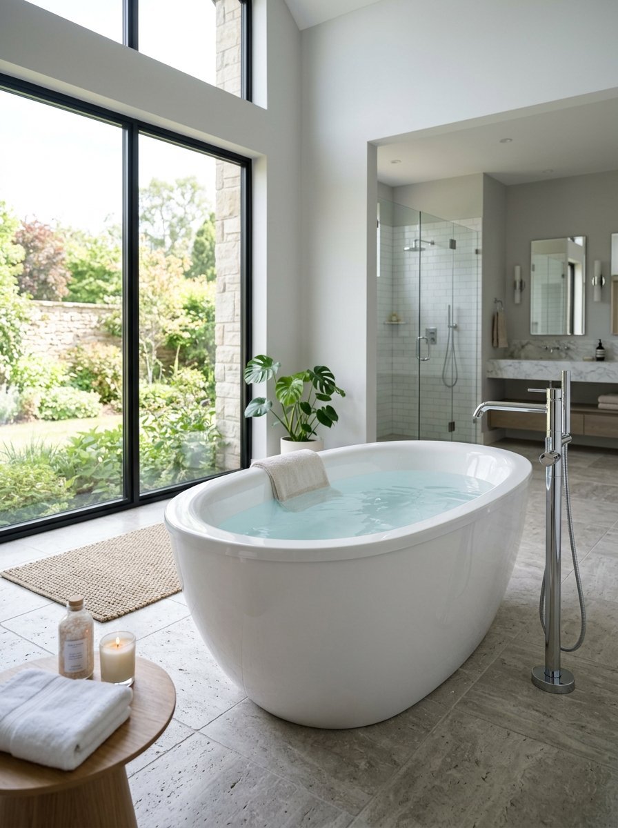 White oval bathtub in a luxury bathroom overlooking a private outdoor garden.