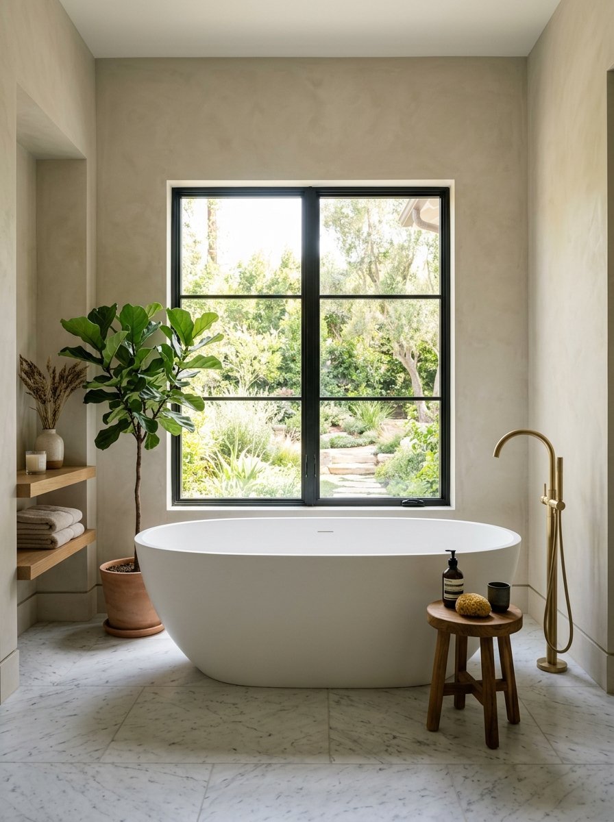 A modern white oval bathtub sits in a serene bathroom with a large window overlooking a lush green garden.
