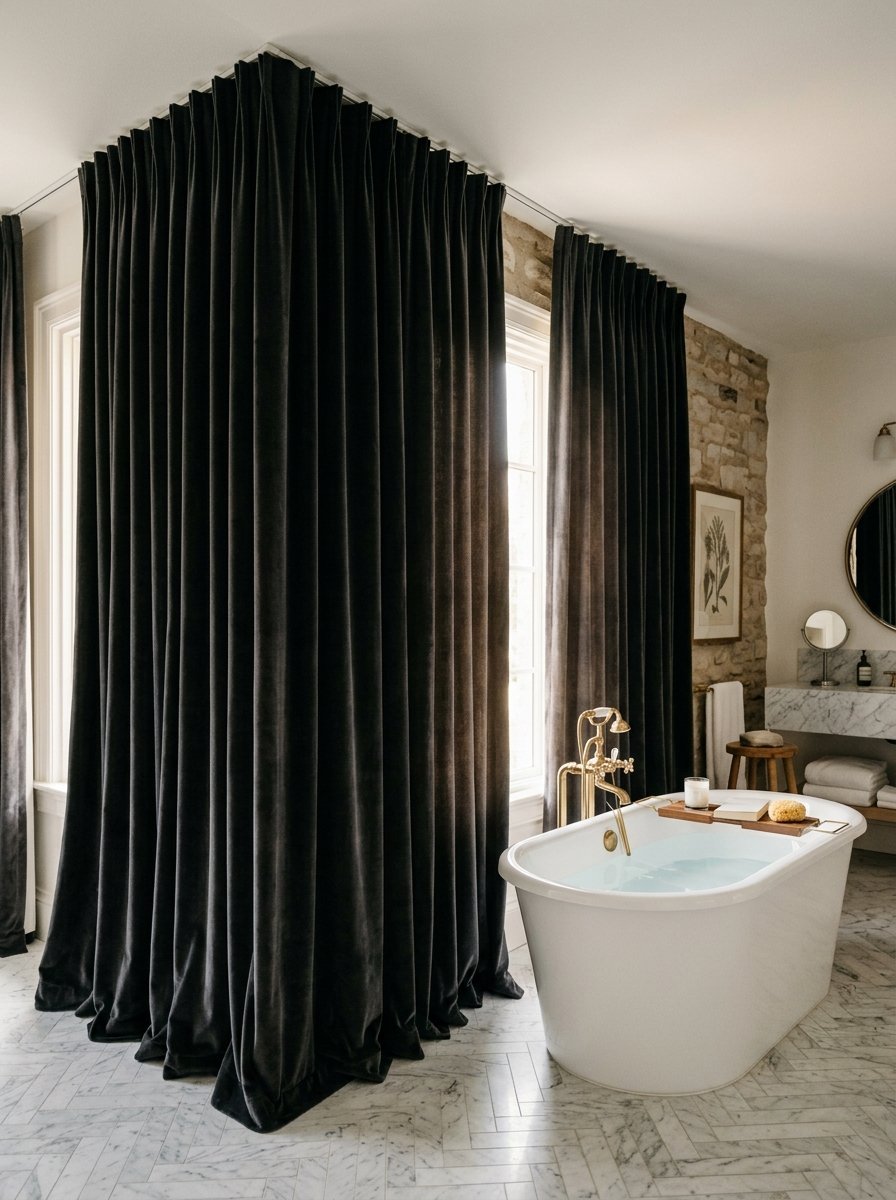White soaking tub with gold fixtures positioned beside tall black floor-to-ceiling privacy curtains in a marble room.