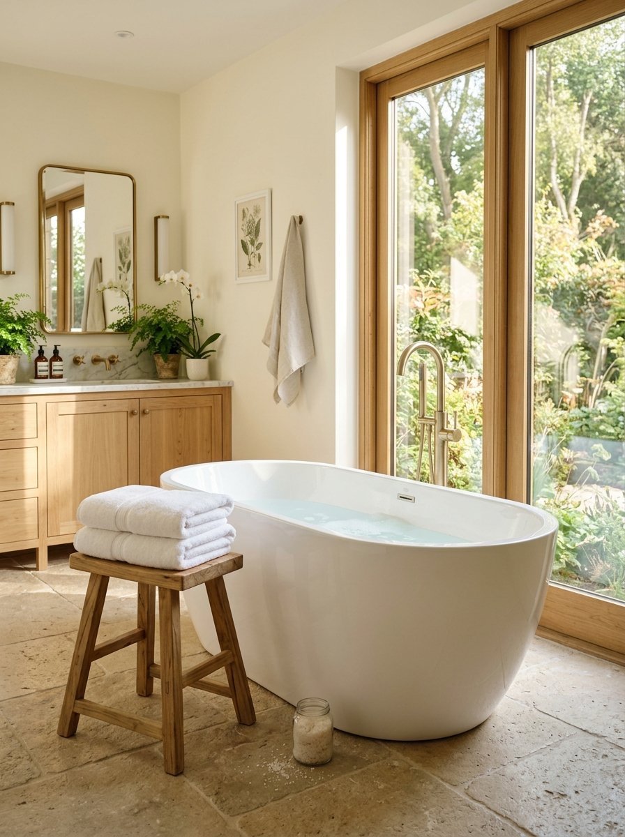 White soaking tub with gold faucet next to a wooden stool, stone floor, and garden view.