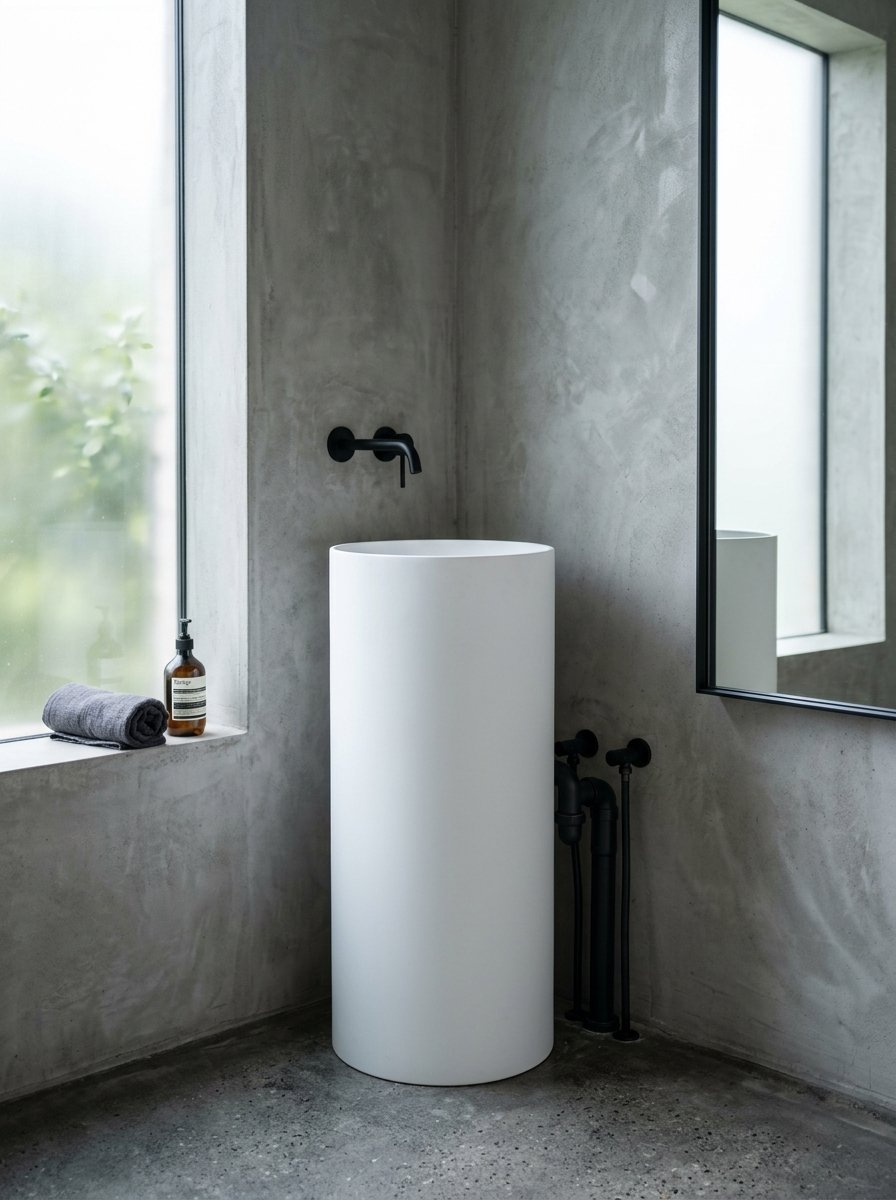 A modern white pedestal sink with black wall-mounted faucet against a textured grey concrete wall.