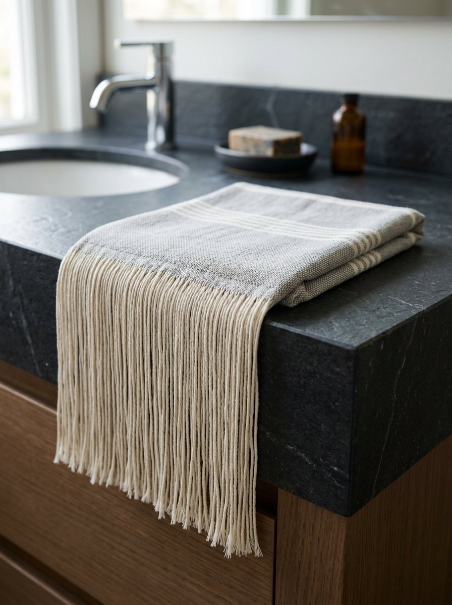 Close-up of a grey woven towel featuring long cream fringe hanging over a dark slate bathroom vanity countertop.