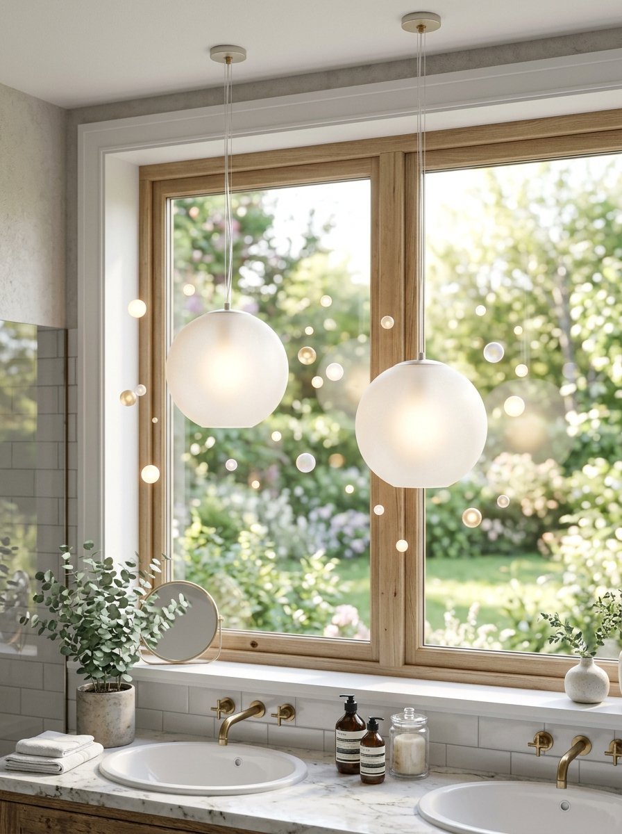 Round frosted glass pendant lights suspended in front of a wooden framed window with floating bubble decorations.