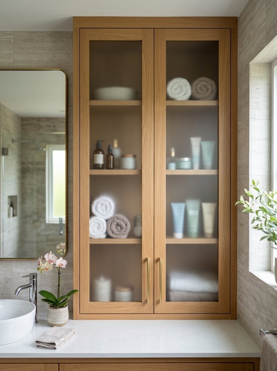 Wooden cabinet with glass panels showing rolled towels and skincare products above a white vanity sink.