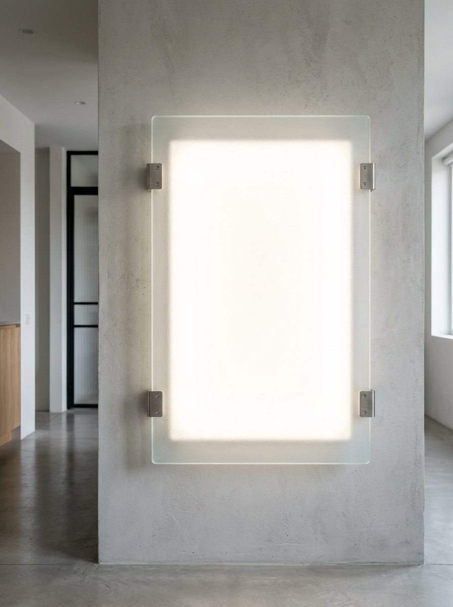 A glowing rectangular panel light mounted with metal brackets on a textured grey concrete interior pillar.
