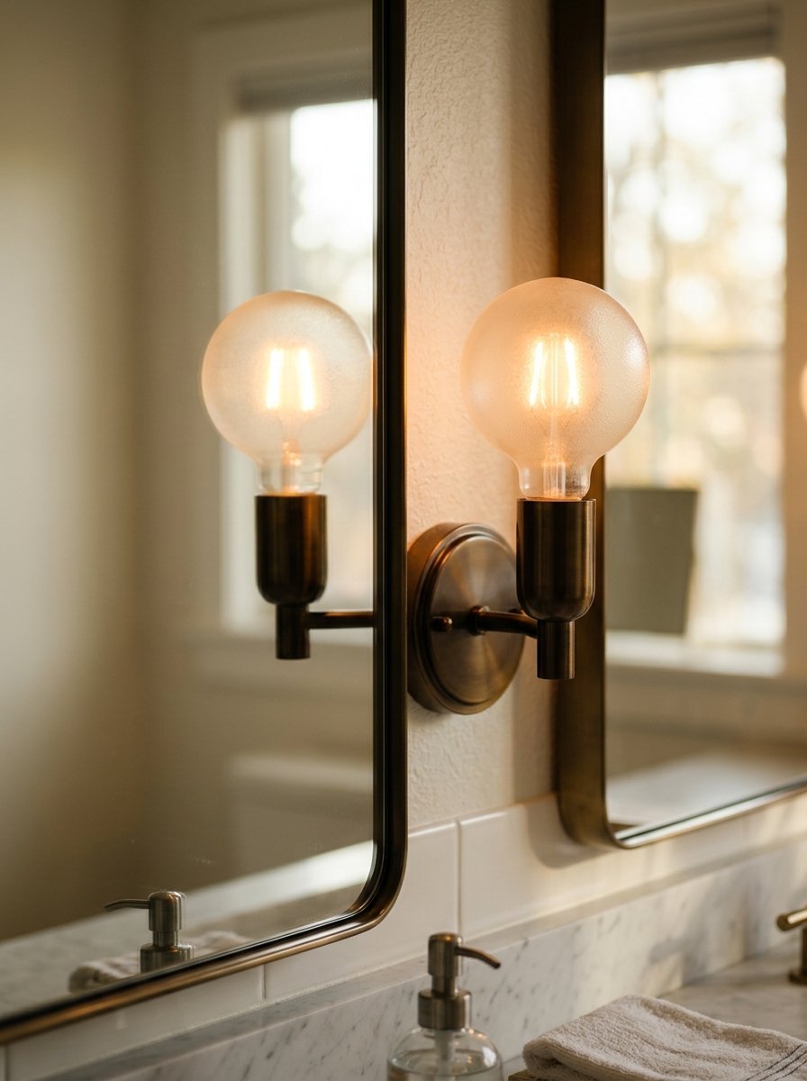 Close-up of a modern brass wall light with a rounded frosted bulb reflected in a framed bathroom mirror.