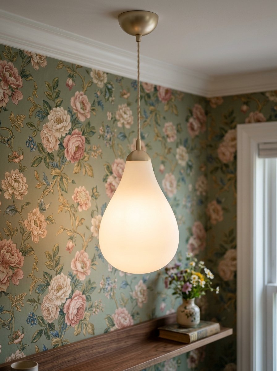 A matte brass and frosted glass teardrop light fixture illuminating a vintage floral wallpaper wall.
