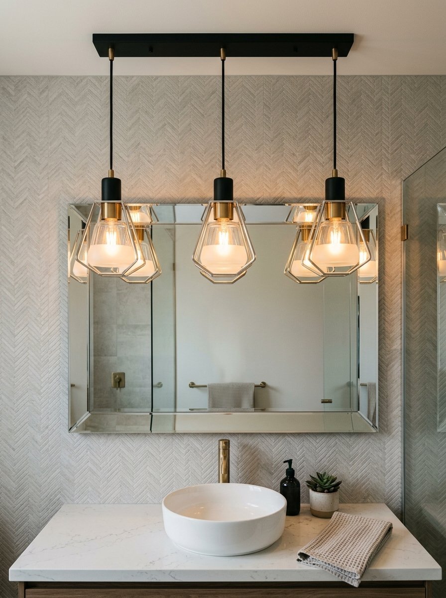 Modern trio of cage pendant lights suspended in front of a rectangular mirror over a white vessel sink.