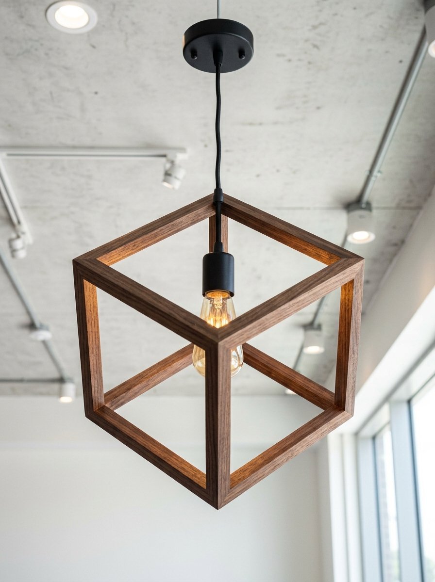 An artistic wooden cube pendant lamp with a single Edison bulb hanging from a concrete ceiling.