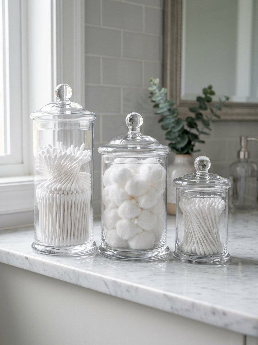 Decorative glass jars filled with cotton swabs and balls sitting on a white marble bathroom vanity countertop.