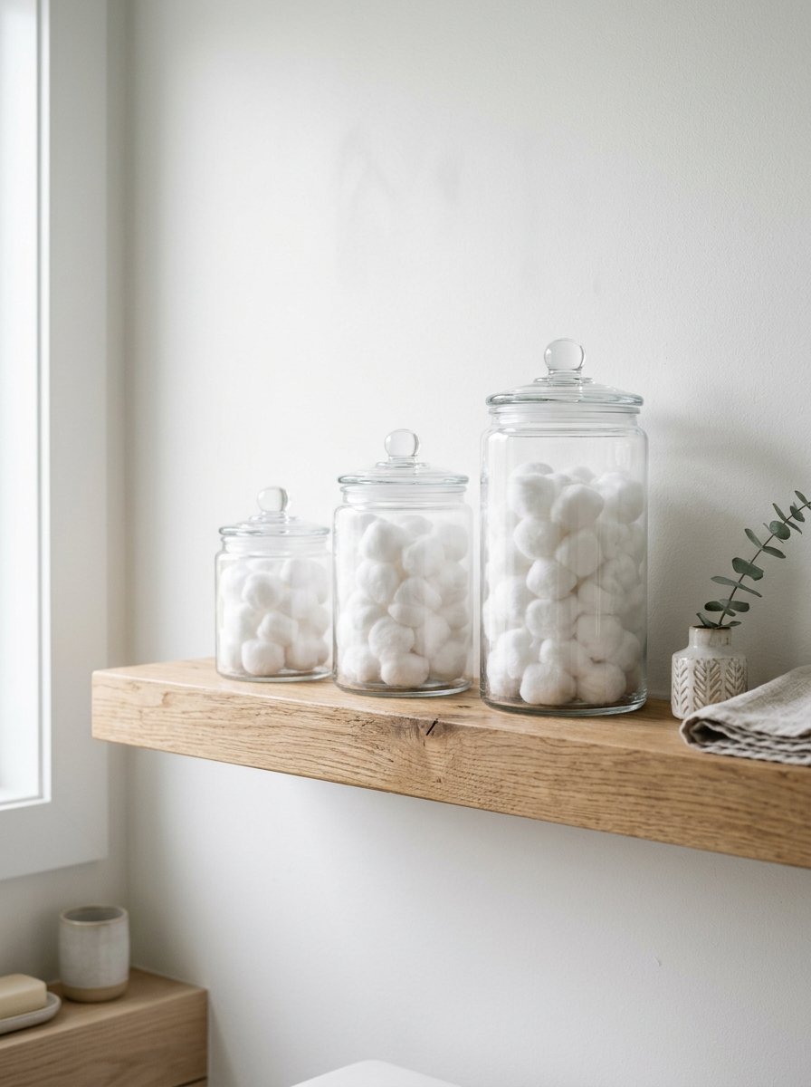 Group of three lidded glass jars holding cotton balls sitting on a natural wood floating bathroom shelf.