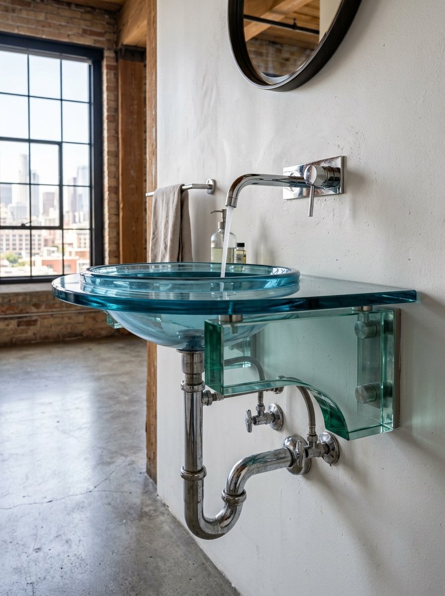A clear blue glass sink basin floating on a wall with exposed metallic pipes and a city view background.