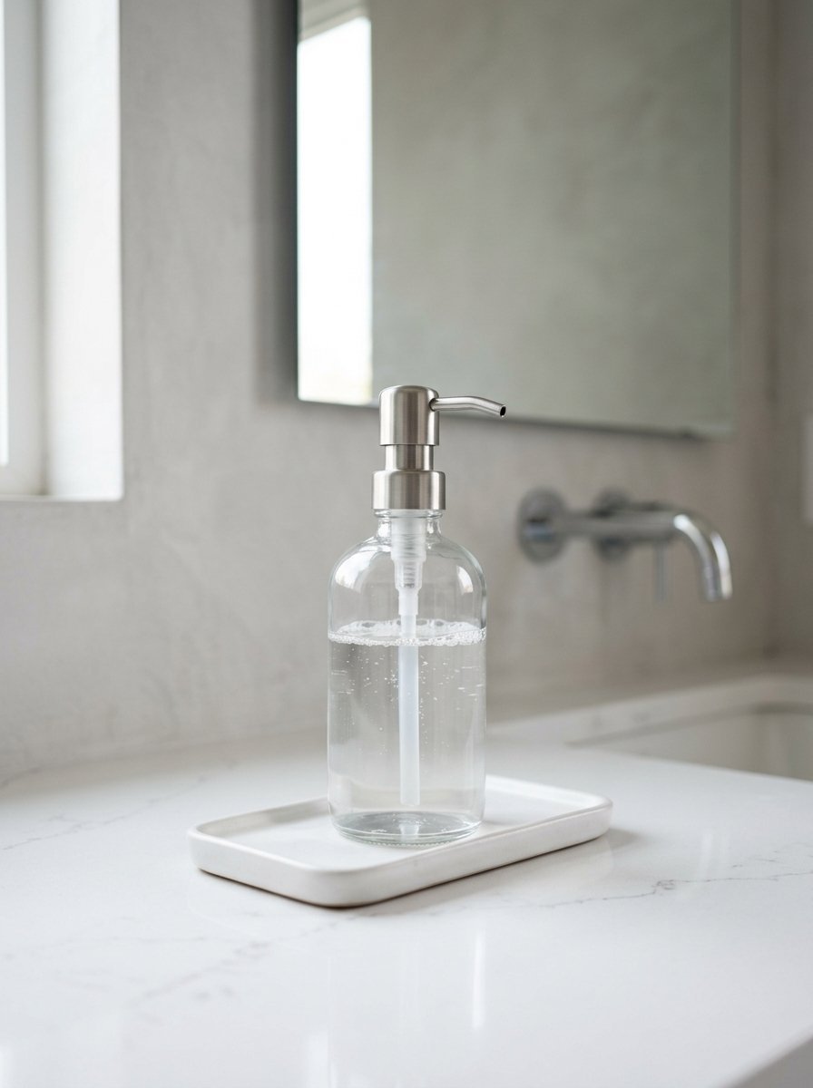 A clear glass pump bottle filled with liquid soap resting on a small white tray by a bathroom sink.