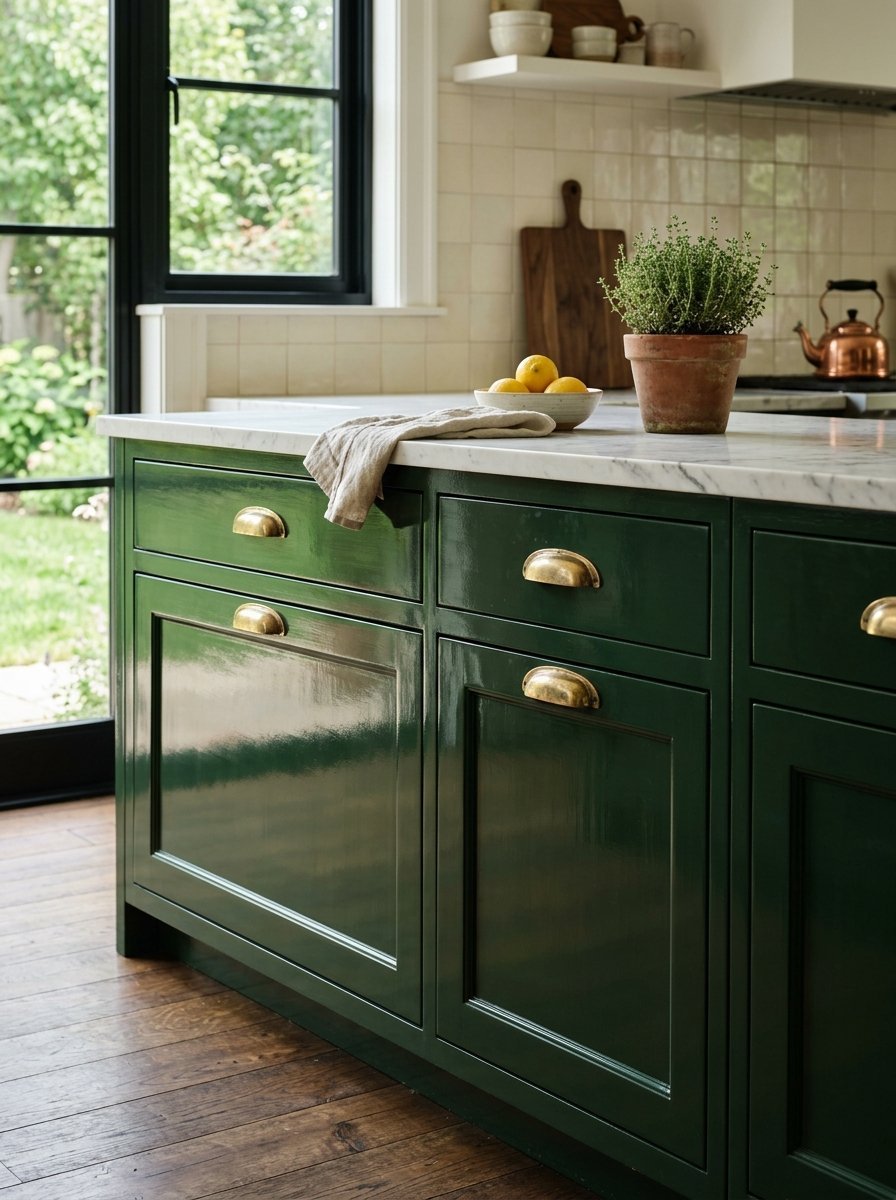 High-gloss hunter green kitchen cabinets featuring brass pulls and a white marble countertop.
